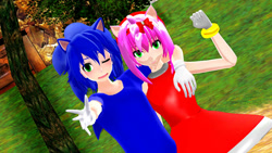 Size: 1192x670 | Tagged: safe, artist:nerey006, amy rose, sonic the hedgehog, human, 3d, arm around shoulders, duo, humanized, mmd, partially humanized