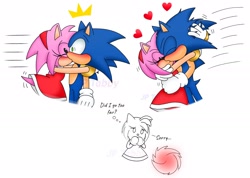 Size: 2048x1456 | Tagged: safe, artist:jp_tabby14, amy rose, sonic the hedgehog, hedgehog, amy x sonic, blushing, duo, english text, hugging, kiss, shipping, simple background, straight, white background