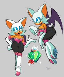 Size: 1164x1397 | Tagged: safe, artist:fishen_, knuckles the echidna, rouge the bat, duo, grey background, master emerald, one fang, signature, simple background, solo focus, sparkles