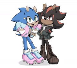 Size: 1280x1135 | Tagged: safe, artist:chelsiegeorgia, shadow the hedgehog, sonic the hedgehog, hedgehog, arm rest, black fur, blue fur, boots, clothes, duo, fingerless gloves, green eyes, jacket, male, red eyes, red fur, shoes, simple background, socks, white background