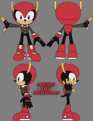 Size: 1280x1658 | Tagged: safe, artist:frostlightningx, mighty the armadillo, armadillo, black fur, blue eyes, boots, character name, flat colors, gloves, grey background, jacket, male, red fur, simple background, solo