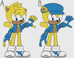 Size: 1009x792 | Tagged: safe, artist:frostlightningx, ray the flying squirrel, squirrel, blue eyes, cap, duality, flat colors, gloves, jacket, male, shoes, simple background, socks, solo, white background, yellow fur