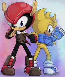 Size: 1280x1526 | Tagged: safe, artist:frostlightningx, mighty the armadillo, ray the flying squirrel, armadillo, squirrel, duo, gradient background, male