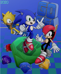 Size: 827x1008 | Tagged: safe, artist:frostlightningx, mighty the armadillo, ray the flying squirrel, sonic the hedgehog, 2020, abstract background, chaos emerald, sega logo, segasonic the hedgehog, trio