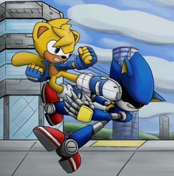 Size: 888x900 | Tagged: safe, artist:frostlightningx, metal sonic, ray the flying squirrel, abstract background, clouds, duo, fight, kicking, robot