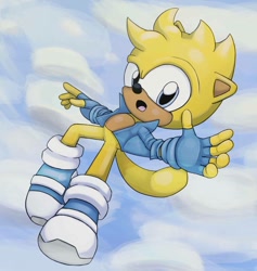 Size: 870x918 | Tagged: safe, artist:frostlightningx, ray the flying squirrel, squirrel, abstract background, blue eyes, clouds, fingerless gloves, jacket, male, shoes, socks, solo, yellow fur