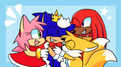 Size: 1800x1001 | Tagged: dnp, safe, artist:sonknuxadow, amy rose, knuckles the echidna, miles "tails" prower, sonic the hedgehog, echidna, fox, hedgehog, female, hugging, male, quartet