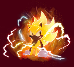 Size: 1219x1107 | Tagged: safe, artist:chaosspear, sonic the hedgehog, super sonic 2, sonic frontiers, 2023, alternate eye color, brown eyes, electricity, eye contacts, looking at viewer, red background, signature, simple background, smile, smiling at viewer, solo, standing, super form