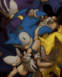 Size: 2400x3000 | Tagged: safe, artist:xx-sketchy-xx, sonic the hedgehog, oc, oc:sonic.exe, 2024, black sclera, bleeding, bleeding from eyes, blood, dark form, dark sonic, darkspine sonic, fleetway, fleetway super sonic, frown, group, holding them, looking at viewer, self paradox, shrunken pupils, smile, super form