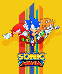 Size: 1928x2309 | Tagged: safe, artist:tripplejaz, knuckles the echidna, miles "tails" prower, sonic the hedgehog, sonic mania, 2017, abstract background, chaos emerald, classic knuckles, classic sonic, classic tails, clenched teeth, flying, frown, group, holding something, logo, looking at viewer, looking offscreen, smile, spinning tails, team sonic