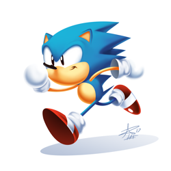 Size: 1380x1380 | Tagged: safe, artist:tripplejaz, sonic the hedgehog, 2017, classic sonic, classic style, lineless, looking ahead, looking offscreen, running, shadow (lighting), signature, simple background, smile, solo, white background