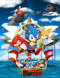 Size: 1024x1327 | Tagged: safe, artist:tripplejaz, knuckles the echidna, miles "tails" prower, robotnik, sonic the hedgehog, human, 2014, abstract background, angel island, chaos emerald, classic knuckles, classic robotnik, classic sonic, classic tails, clouds, daytime, death egg, fire, group, outdoors, sonic the hedgehog 3, team sonic, water
