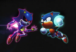 Size: 1280x875 | Tagged: safe, artist:tripplejaz, metal sonic, sonic the hedgehog, sonic cd, 2018, black background, black sclera, classic sonic, duo, fight, frown, mid-air, outline, redraw, robot, simple background