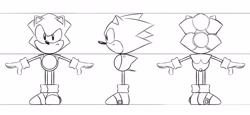 Size: 2854x1312 | Tagged: safe, artist:tripplejaz, sonic the hedgehog, 2017, back view, classic sonic, front view, frown, line art, looking offscreen, monochrome, reference sheet, side view, simple background, solo, standing, t-pose, white background