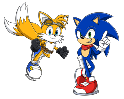 Size: 6100x4900 | Tagged: safe, artist:thewerewolven, miles "tails" prower, sonic the hedgehog, 2025, absurd res, alternate shoes, bandana, belt, black gloves, blue shoes, duo, goggles, goggles on head, looking at viewer, mid-air, pointing, redesign, redraw, signature, simple background, smile, smiling at viewer, standing, transparent background