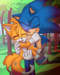 Size: 2400x3000 | Tagged: safe, artist:xx-sketchy-xx, miles "tails" prower, sonic the hedgehog, 2025, abstract background, blushing, bruise, carrying them, crying, daytime, duo, eyes closed, forest, holding each other, hugging, injured, messy fur, mouth open, open mouth, outdoors, scuff mark, smile, standing, tears, tears of happiness, tree