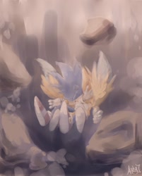 Size: 1289x1600 | Tagged: safe, artist:asty_asterisk, miles "tails" prower, sonic the hedgehog, fox, hedgehog, duo, falling, hugging, male, rocks