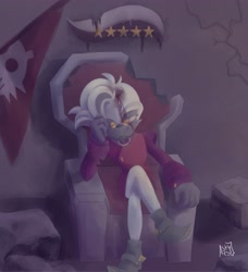 Size: 3257x3566 | Tagged: safe, artist:asty_asterisk, dr. starline, blood, bruise, damaged clothing, debris, flag, glasses, injury, male, one eye closed, platypus, rock, solo, throne