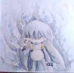 Size: 2048x2009 | Tagged: safe, artist:asty_asterisk, kit the fennec, fox, backpack, fennec fox, hydrokinesis, looking at viewer, male, solo, traditional media, water, watercolor, wristband