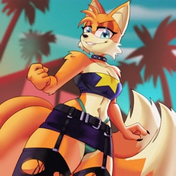 Size: 4000x4000 | Tagged: suggestive, artist:rodolfoslime, miles "tails" prower, fox, female, gender swap, house, looking at viewer, palm tree, skirt, solo, studded collar, thong