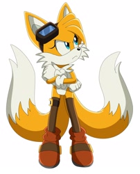 Size: 2000x2476 | Tagged: safe, artist:montyhedgehog, miles "tails" prower, fox, angry, crossed arms, female, gender swap, goggles, simple background, solo, stockings, white background