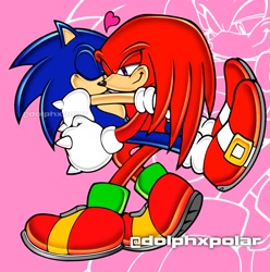 Size: 1855x1871 | Tagged: safe, artist:dolphxpolar, knuckles the echidna, sonic the hedgehog, echidna, hedgehog, carrying them, couple, eyes closed, gay, hugging, kissing, knuxonic, male, shipping, sonknux, style emulation, uekawa style