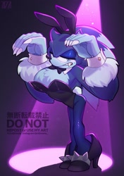 Size: 1553x2200 | Tagged: suggestive, artist:m5mona, sonic the hedgehog, bowtie, bunny ears, bunny girl outfit, bunny suit, crossdressing, eyeshadow, looking at viewer, male, solo, sonic the werehog, spotlight, were form, werehog