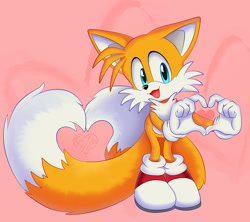 Size: 2300x2038 | Tagged: safe, artist:montyth, miles "tails" prower, fox, 2024, alternate version, cute, heart hands, heart tail, looking offscreen, male, mouth open, pink background, simple background, smile, solo, standing