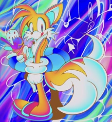 Size: 1668x1812 | Tagged: safe, artist:azul_yellow, miles "tails" prower, fox, 2021, abstract background, floaty, ice cream, ice cream cone, looking at viewer, male, psychadelic, sandals, solo, style emulation, tongue out