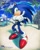 Size: 2400x3000 | Tagged: safe, artist:kornart3, sonic the hedgehog, hedgehog, sonic adventure, 2024, arms folded, beach, cloud, clouds, emerald coast, grin, grinning, male, ocean, palm tree, ring, sand, solo, text, umbrella, water