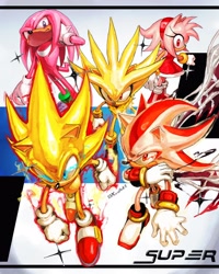 Size: 3278x4096 | Tagged: safe, artist:kornart3, amy rose, knuckles the echidna, shadow the hedgehog, silver the hedgehog, sonic the hedgehog, super knuckles, super shadow, super sonic, super sonic 2, echidna, hedgehog, 2025, female, group, male, super amy, super form, super silver, text