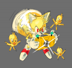 Size: 723x684 | Tagged: safe, artist:kornart3, flicky, miles "tails" prower, super tails, fox, 2025, flying, male, miles electric, simple background, solo, spinning tails, super flicky, super form