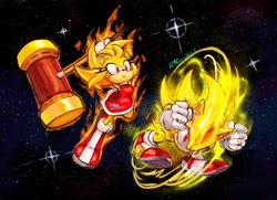 Size: 1058x766 | Tagged: safe, artist:daereamart, artist:kornart3, amy rose, sonic the hedgehog, super sonic, hedgehog, 2025, collaboration, duo, female, male, piko piko hammer, space, spindash, star (sky), super amy, super form