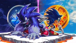 Size: 4096x2303 | Tagged: safe, artist:kornart3, sonic the hedgehog, hedgehog, sonic unleashed, 2025, all fours, back to back, cloud, clouds, duo, looking back, male, medal, moon medal, mouth open, self paradox, smile, sonic the werehog, star (sky), sun medal, were form, werehog