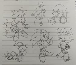 Size: 1748x1508 | Tagged: safe, artist:bigblueaxolotl, knuckles the echidna, miles "tails" prower, shadow the hedgehog, tails doll, echidna, fox, hedgehog, 2024, angry, crying, doll, levitating, line art, male, pencilwork, robot, sketch, tears, traditional media