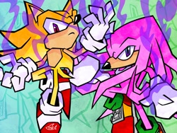 Size: 1920x1440 | Tagged: safe, artist:fishflop, knuckles the echidna, sonic the hedgehog, super sonic, echidna, hedgehog, 2024, archie, duo, hyper form, hyper knuckles, male, redraw, super form
