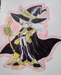 Size: 1689x2064 | Tagged: safe, artist:lebluenooki, sonic the hedgehog, hedgehog, 2024, alternate outfit, belt, boots, broom, cape, looking at viewer, male, satchel, solo, traditional media, witch, witch hat, witch outfit