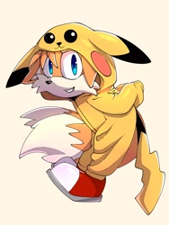 Size: 1536x2048 | Tagged: safe, artist:nutty__fox, miles "tails" prower, fox, 2024, costume, crossover, looking at viewer, male, onesie, pikachu, pokemon, simple background, solo