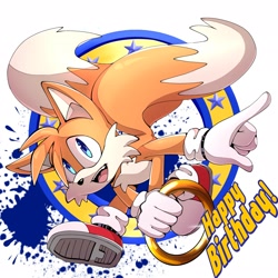 Size: 2048x2048 | Tagged: safe, artist:nutty__fox, miles "tails" prower, fox, 2024, anniversary, flying, holding ring, holding something, looking at viewer, male, open mouth, paint splatter, ring, simple background, solo, text, title screen, white background