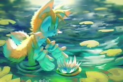 Size: 2048x1365 | Tagged: safe, artist:sadwe_96, miles "tails" prower, fox, 2023, abstract background, flower, lilypad, male, open mouth, outdoors, pond, scenery, solo, standing in water, water, waterlily