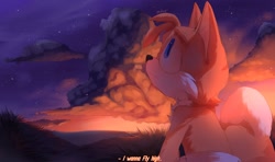 Size: 2048x1216 | Tagged: safe, artist:sadwe_96, miles "tails" prower, fox, 2023, clouds, looking up, male, nighttime, orange sky, scenery, solo, star (sky), sunset, text