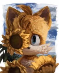 Size: 1655x2048 | Tagged: safe, artist:sadwe_96, miles "tails" prower, fox, 2024, clouds, daytime, flower, flower over eye, looking at viewer, male, movie style, realism, realistic, solo, sunflower