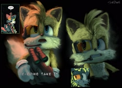 Size: 2055x1500 | Tagged: safe, artist:sadwe_96, miles "tails" prower, fox, 2024, black background, dialogue, green lighting, gun, idw, male, movie style, realism, realistic, redraw, scouter, scrapnik island, screencap, screenshot, simple background, solo, text