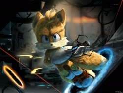 Size: 2048x1554 | Tagged: safe, artist:sadwe_96, miles "tails" prower, fox, 2025, crossover, gun, laser, looking at viewer, male, movie style, portal, portal (series), portal gun, realism, realistic, solo
