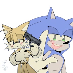 Size: 2000x2000 | Tagged: semi-grimdark, artist:5h0w1sh, miles "tails" prower, sonic the hedgehog, fox, hedgehog, 2024, crying, duo, gun, gun to head, looking at viewer, male, mouth open, simple background, suicide, tears, white background