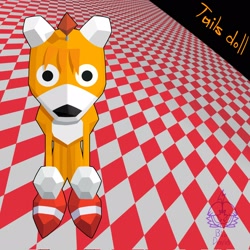 Size: 2048x2048 | Tagged: safe, artist:electrodav50515, tails doll, 2025, character name, checkerboard, checkerboard floor, doll, levitating, looking at viewer, male, robot, solo, style emulation, text