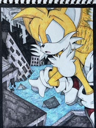 Size: 1528x2048 | Tagged: safe, artist:skerchdrawer, miles "tails" prower, fox, sonic adventure, 2024, city, flooding, flying, male, skyscraper, solo, spinning tails, station square, traditional media, water