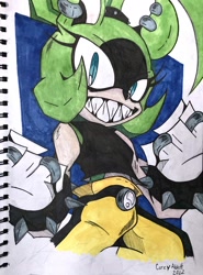 Size: 1516x2048 | Tagged: safe, artist:skerchdrawer, surge the tenrec, tenrec, 2022, ear piercing, exposed tummy, female, grin, idw, solo, spiked bracelet, traditional media