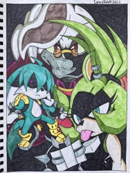 Size: 1542x2048 | Tagged: safe, artist:skerchdrawer, dr. starline, kit the fennec, surge the tenrec, fox, tenrec, 2022, ear piercing, female, fennec fox, glasses, idw, male, platypus, spiked bracelet, tongue out, traditional media, trio