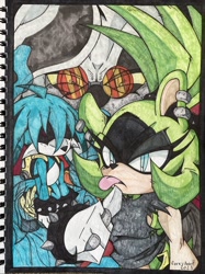 Size: 1530x2048 | Tagged: safe, artist:skerchdrawer, dr. starline, kit the fennec, surge the tenrec, fox, tenrec, 2023, ear piercing, female, fennec fox, glasses, idw, male, platypus, spiked bracelet, tongue out, traditional media, trio